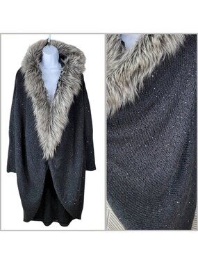 Jennifer Lopez Long Open Cardigan Sweater Faux Fur Trim Gray Small Duster Cocoon